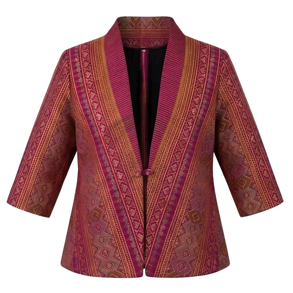 Traditional Thai Silk Jacket Women XXL Pink Brocade Lao Style Southeast Asian